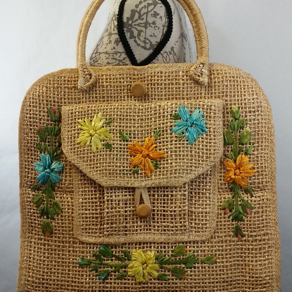 Vintage Floral Sisal Tote Beach Bag 70s Weekender